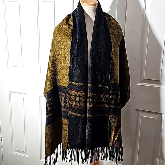 Large scarf made in Italy. Dark colors.Blue, purple, gold. 27" X 75" plus fringe - Picture 1 of 9